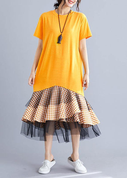 Yellow Cotton Tunic Dress Patchwork Plaid a Line Summer Dresses
