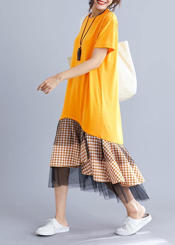 Yellow Cotton Tunic Dress Patchwork Plaid a Line Summer Dresses