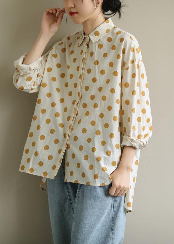 Yellow Dotted Clothes Lapel Low High Design Knee Blouses