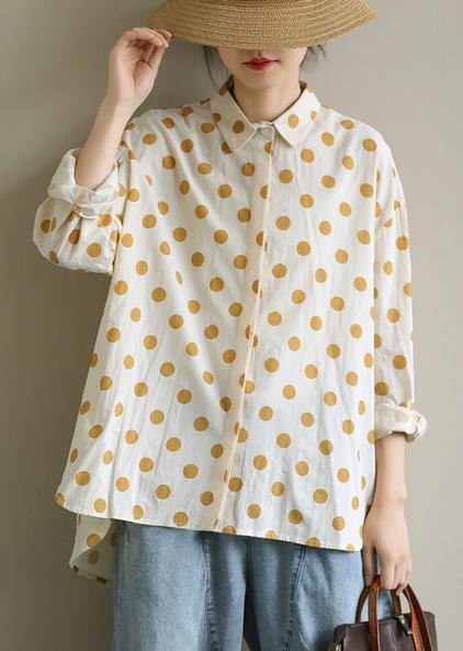 Women yellow dotted clothes lapel low high design Knee blouses