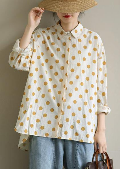 Women yellow dotted clothes lapel low high design Knee blouses