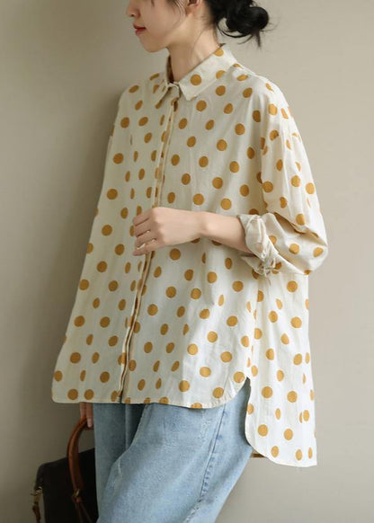 Women yellow dotted clothes lapel low high design Knee blouses