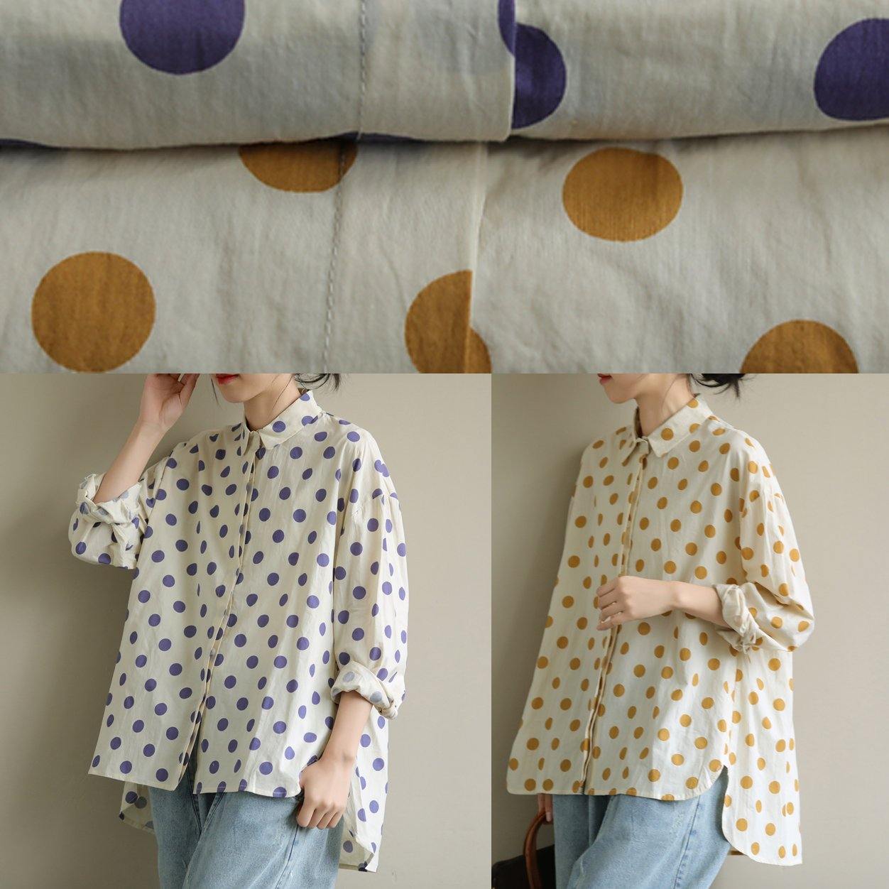 Women yellow dotted clothes lapel low high design Knee blouses