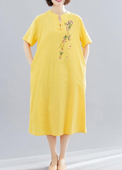 Yellow Embroidery Cotton Clothes Short Maxi Summer Dress