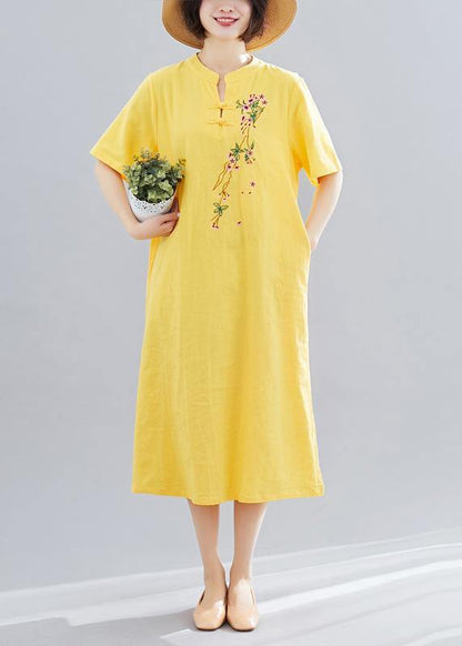Yellow Embroidery Cotton Clothes Short Maxi Summer Dress