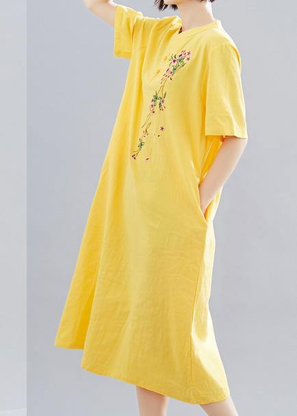 Yellow Embroidery Cotton Clothes Short Maxi Summer Dress