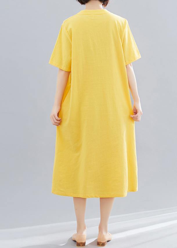 Yellow Embroidery Cotton Clothes Short Maxi Summer Dress