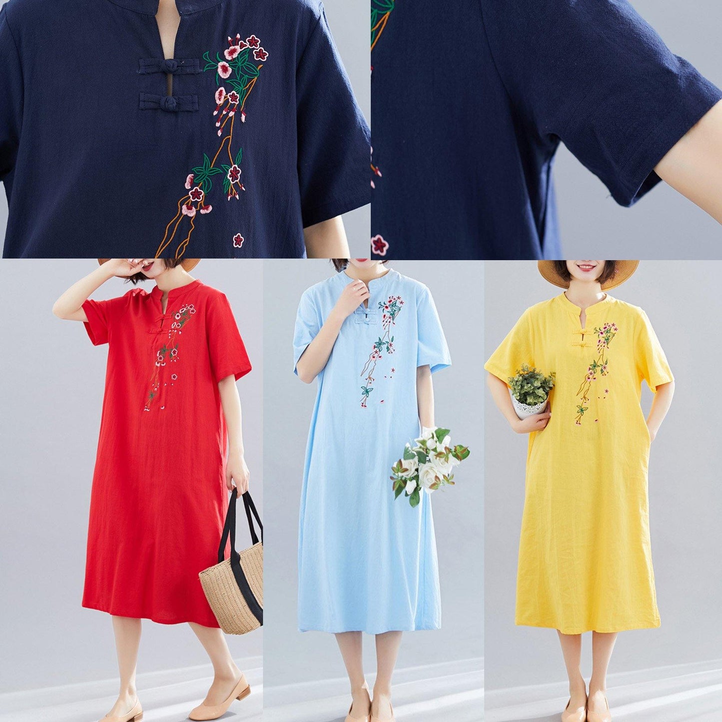 Yellow Embroidery Cotton Clothes Short Maxi Summer Dress