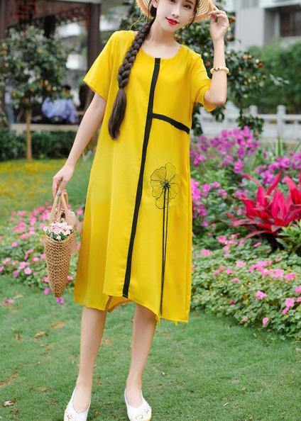 Yellow Embroidery Linen Cotton O Neck Baggy Summer Dresses