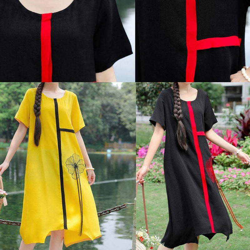 Yellow Embroidery Linen Cotton O Neck Baggy Summer Dresses