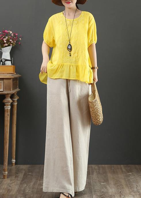 Yellow Embroidery Linen Tops for O Neck Loose Shirt