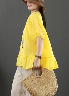 Yellow Embroidery Linen Tops for O Neck Loose Shirt
