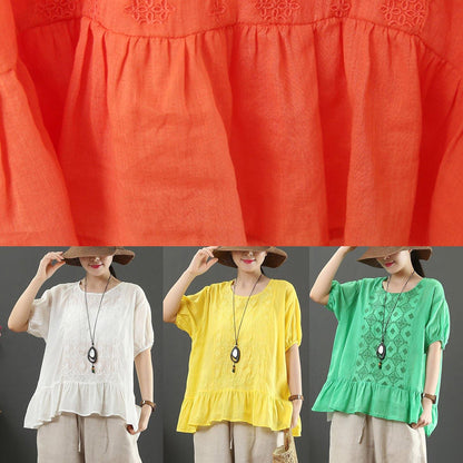 Yellow Embroidery Linen Tops for O Neck Loose Shirt