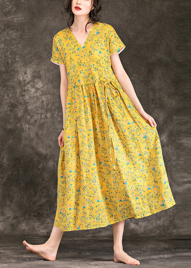 Yellow Chiffon Dress Fine Design V Neck Tie Waist Chiffon Summer Dress