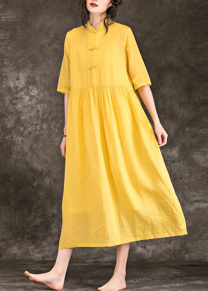 Yellow Linen Clothes Outfits Stand Collar Half Sleeve Long Summer Dresses
