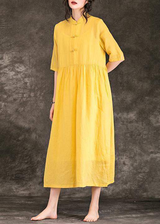 Yellow Linen Clothes Outfits Stand Collar Half Sleeve Long Summer Dresses