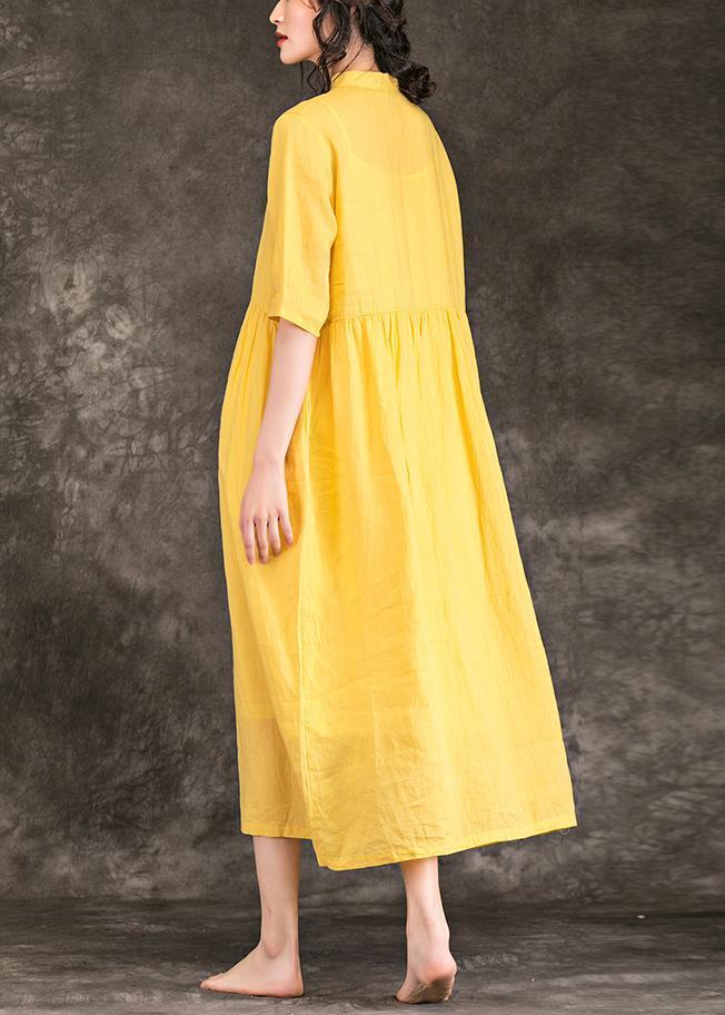Yellow Linen Clothes Outfits Stand Collar Half Sleeve Long Summer Dresses