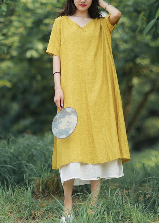 Yellow Linen Cotton Robes V Neck Side Open Art Summer Dress