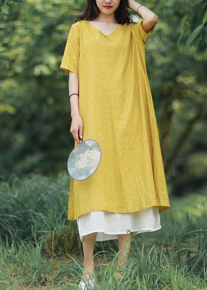 Yellow Linen Cotton Robes V Neck Side Open Art Summer Dress