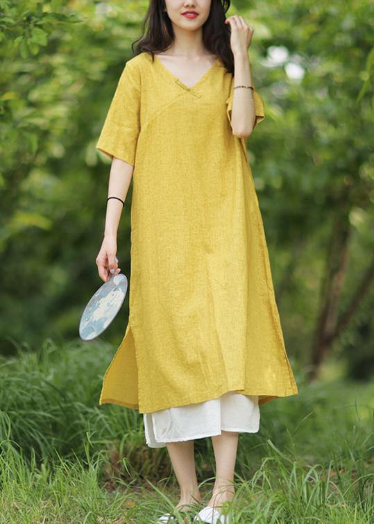 Yellow Linen Cotton Robes V Neck Side Open Art Summer Dress