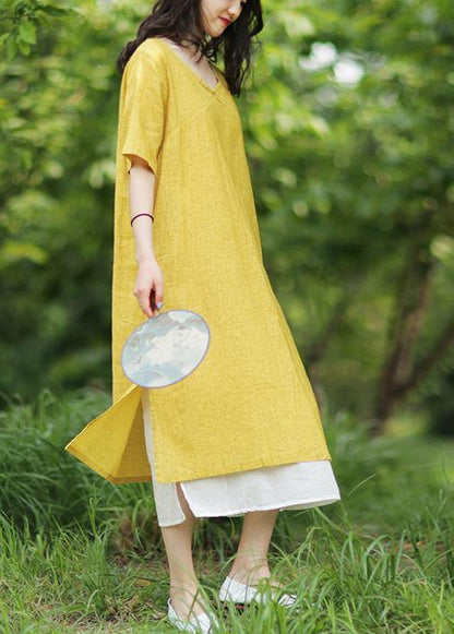Yellow Linen Cotton Robes V Neck Side Open Art Summer Dress