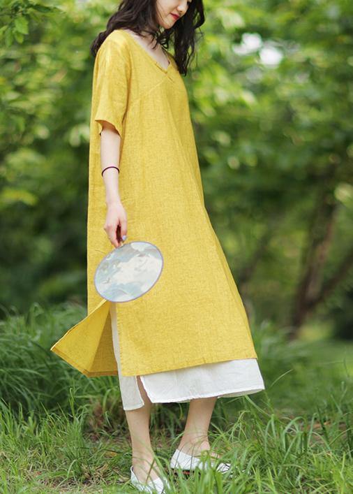 Yellow Linen Cotton Robes V Neck Side Open Art Summer Dress