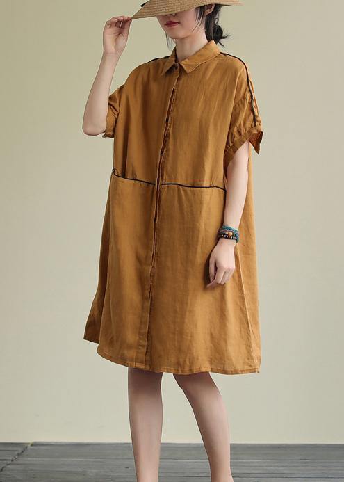 Yellow Linen Dress Lapel Pockets Summer Dresses