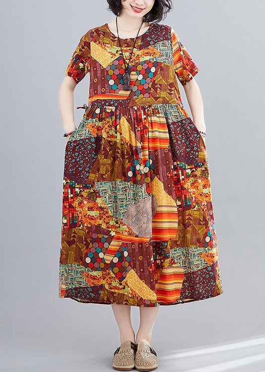 Yellow Print Long Shirts O Neck Cinched a Line Dress