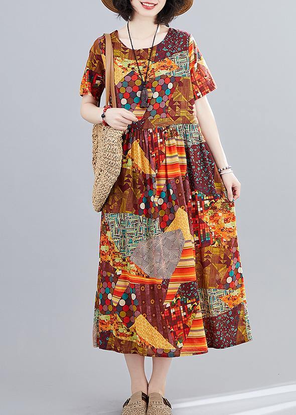 Yellow Print Long Shirts O Neck Cinched a Line Dress