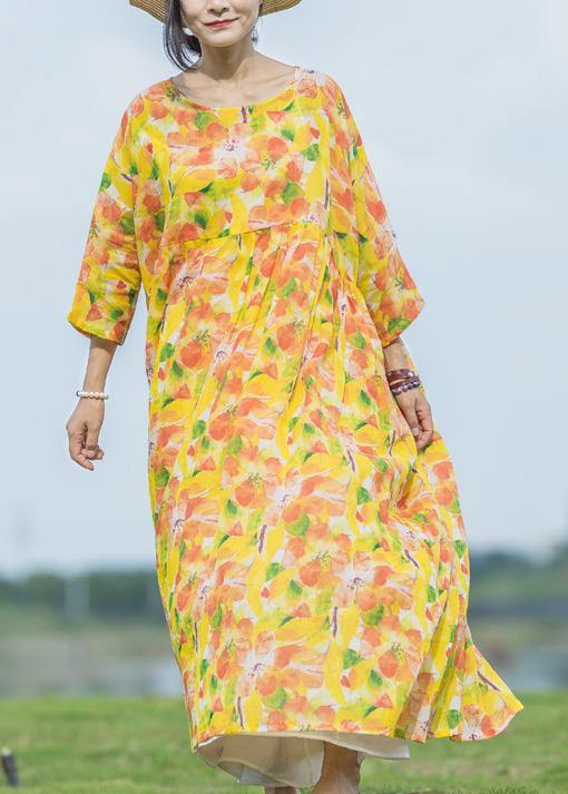 Yellow Print Linen Dresses O Neck Asymmetric Traveling Summer Dresses
