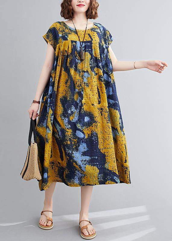 Yellow Print Quilting Dresses O Neck Cinched Maxi Summer Dress