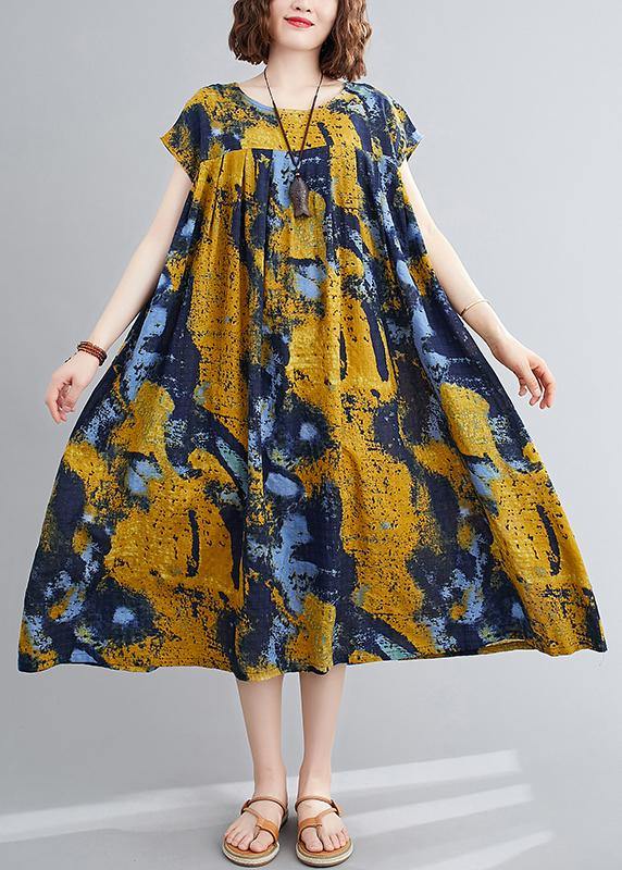 Yellow Print Quilting Dresses O Neck Cinched Maxi Summer Dress