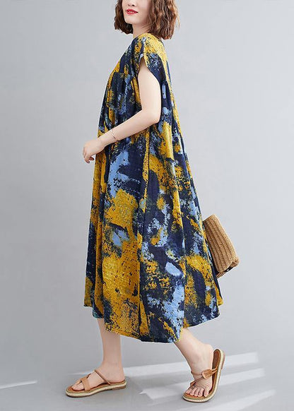 Yellow Print Quilting Dresses O Neck Cinched Maxi Summer Dress