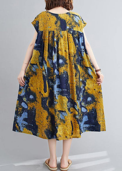 Yellow Print Quilting Dresses O Neck Cinched Maxi Summer Dress