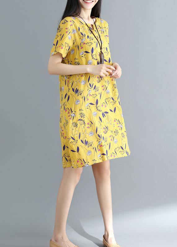 Yellow Prints Cotton Clothes Loose Waist Daily Summer Dress