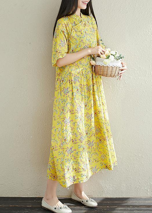 Yellow Prints Cotton Clothes for Stand Collar a Line Summer Dresses