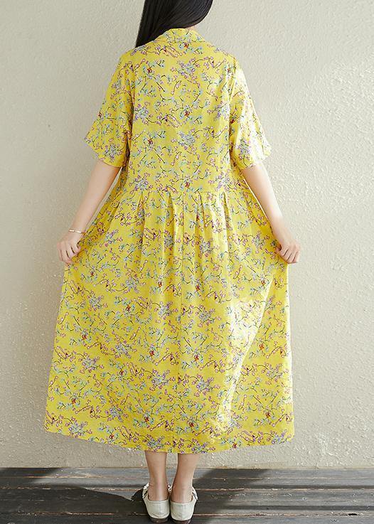 Yellow Prints Cotton Clothes for Stand Collar a Line Summer Dresses