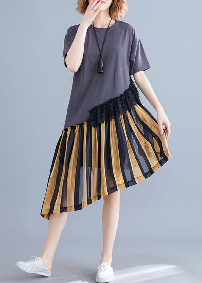 Yellow Striped Cotton O Neck Patchwork Shift Summer Dress