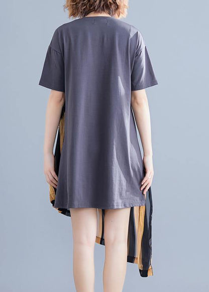 Yellow Striped Cotton O Neck Patchwork Shift Summer Dress