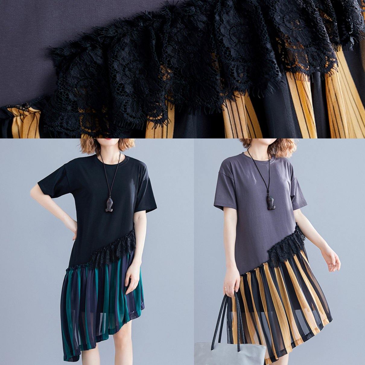Yellow Striped Cotton O Neck Patchwork Shift Summer Dress
