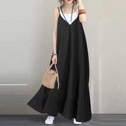 Blue Long Linen Dress Oversized Sleeveless Linen Gown V Neck Gown