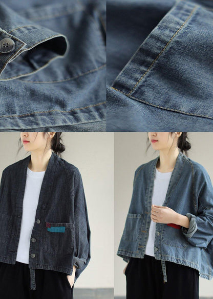 Denim Black Coats V Neck Button Down Spring Coats