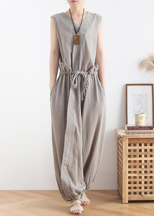 Spring and Summer New Drawstring Waist Gray Jumpsuit Wide-leg Pants