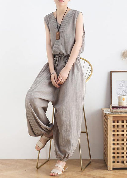 Spring and Summer New Drawstring Waist Gray Jumpsuit Wide-leg Pants