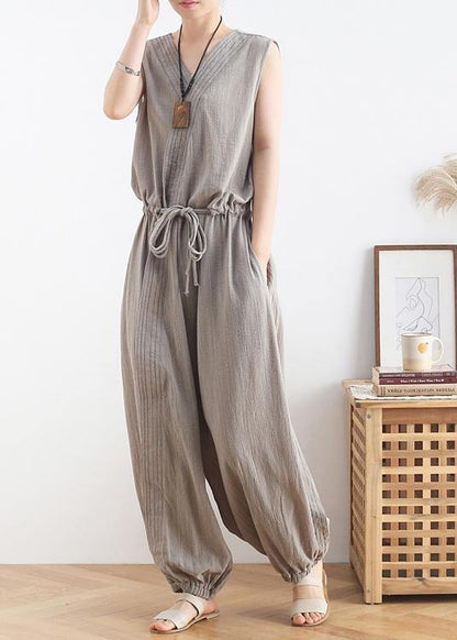 Spring and Summer New Drawstring Waist Gray Jumpsuit Wide-leg Pants