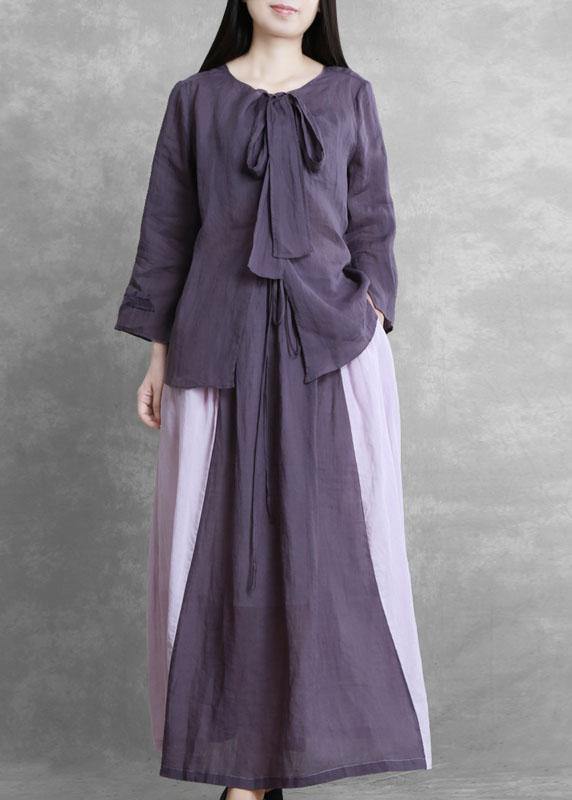 Autumn Purple Suit Lace-up Three-quarter Sleeve Shirt Contrasting Color Sweater Skirt