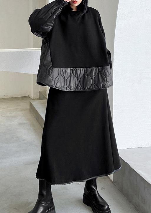 Retro Winter Black Patchwork Sweater Skirt Two Piece Set