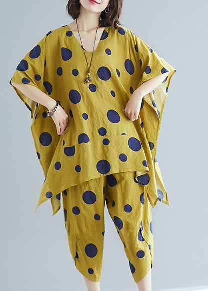 Art Yellow Dot Print Long T-shirt Top + Cotton Wide Leg Pants