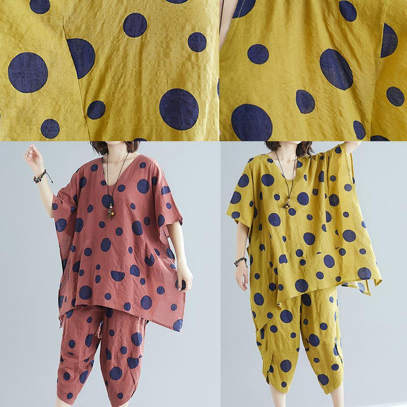 Art Yellow Dot Print Long T-shirt Top + Cotton Wide Leg Pants