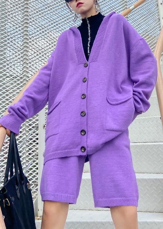 Autumn Knitted Cardigan Shorts Purple Two-piece